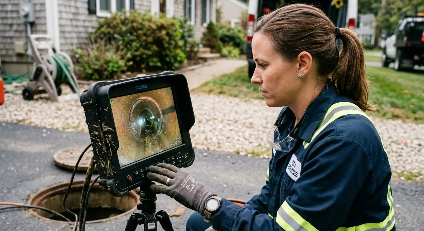 Technician reviewing sewer camera inspection footage in Celina
