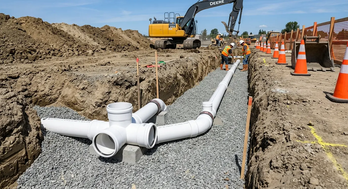 New PVC sewer pipe installation in open trench for Commercial Drain Cleaning in Celina